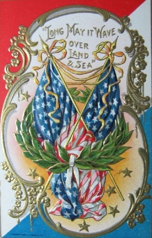 Patriotic Vintage Greeting Card American Flags Long May Wave