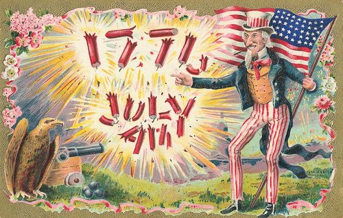 Vintage Fourth of July Uncle Sam Fireworks Greeting Card