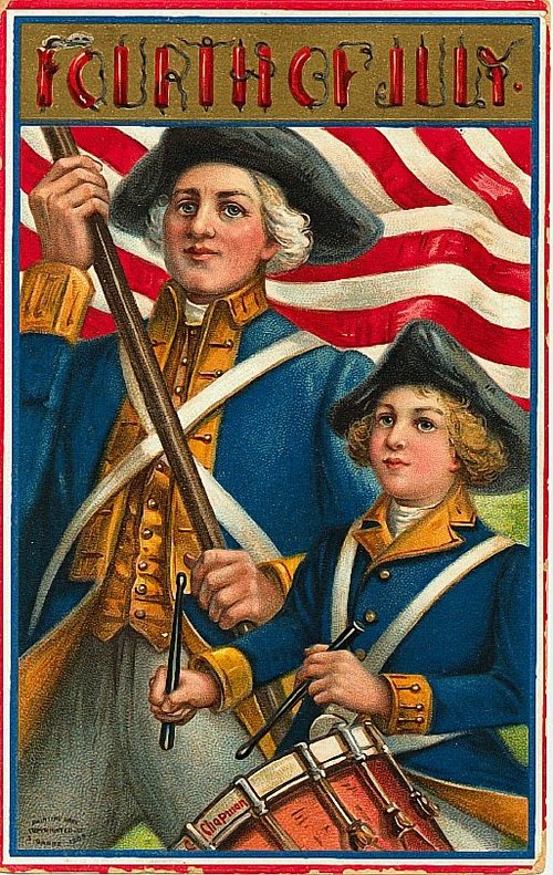 Vintage Fourth of July Greeting Card: Patriotic Soldiers Flag