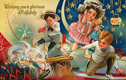 Vintage Fourth of July Greeting Card with Children and Fireworks, Early 1900s