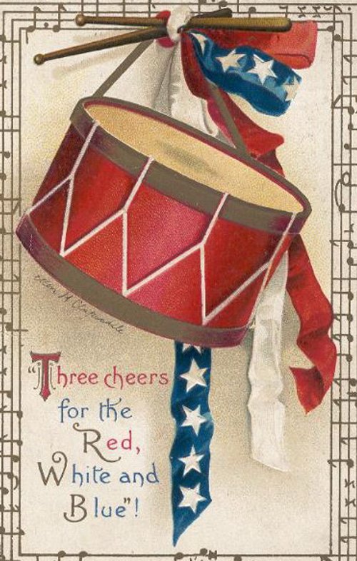 Vintage Patriotic Drum Greeting Card - Three Cheers Red White Blue