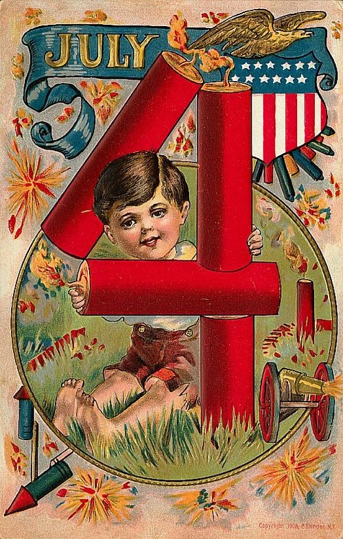 Vintage Fourth of July Greeting Card with Child and Fireworks