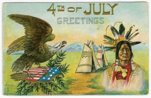 Vintage 4th of July Greetings Card with Eagle & Native American