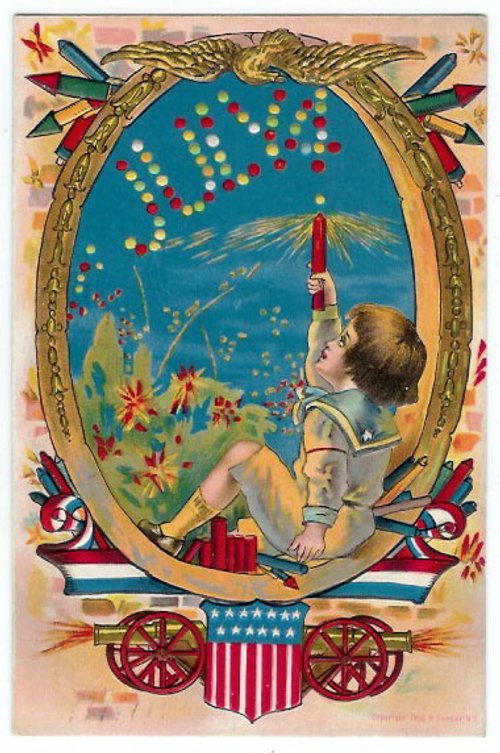 Patriotic Fourth of July Cherub Fireworks Vintage Greeting Card