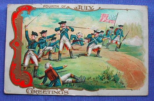 Vintage Fourth of July Greeting Card, Soldiers with Flag