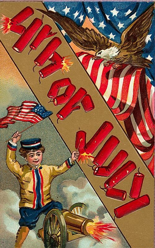 Patriotic Fourth of July Greeting Card with Eagle and Firecrackers