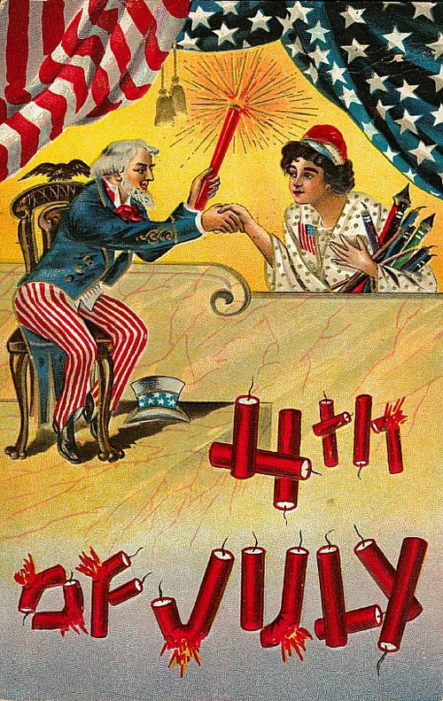 Vintage 1900s Fourth of July Greeting Card - Uncle Sam & Patriotic Fireworks