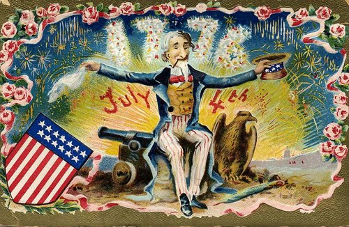 Patriotic Victorian Greeting Card with American Eagle & Fireworks