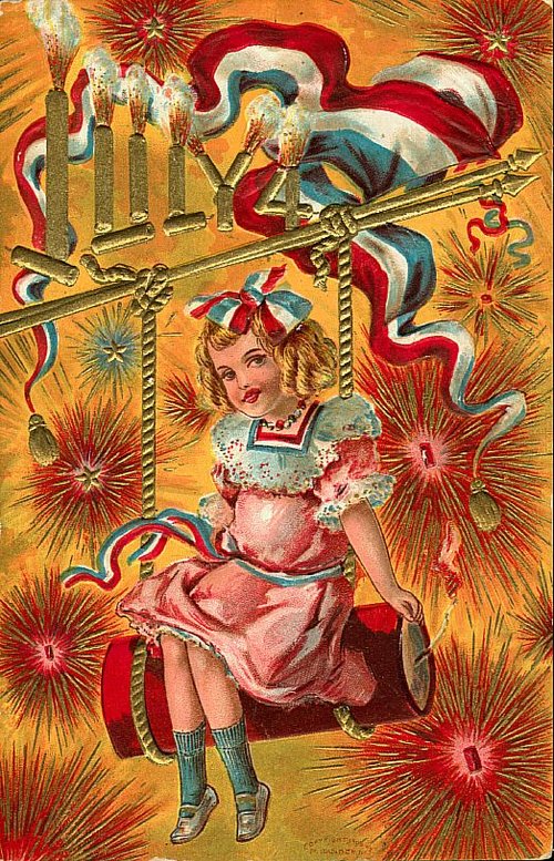 Vintage Fourth of July Girl with Fireworks & Flag Greeting Card