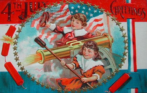 Vintage 4th of July Greeting Card with Children, Cannon & American Flag