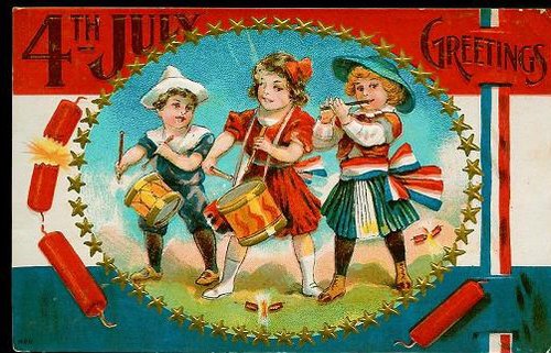 Vintage 4th of July Greetings Card, Patriotic Children with Fireworks